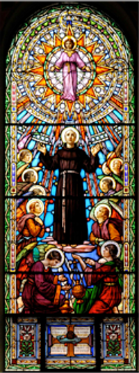Stained glass window at \n St. Anthony's Church, designed by Guido Nincheri.
