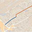 The planned bus route across Greenboro.  Some of the route follows normal streets (blue), while the rest was to be dedicated transitway (orange). The he eastern segment of the transitway (dots) was never built.  