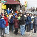 A large group gathers at the starting point for the Little Italy walk at the foot of the steps of the Pasticceria Italiana (200 Preston St.)